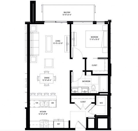 Floor plan for 1 bed, 1 bath, 765 sqft